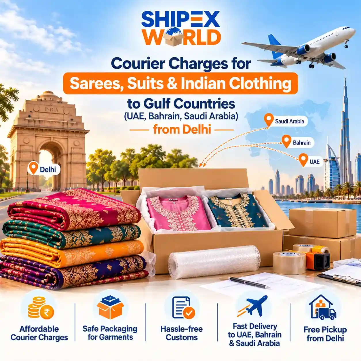 Courier Charges for Sarees, Suits & Indian Clothing to Gulf Countries (UAE, Bahrain, Saudi Arabia) from Delhi
