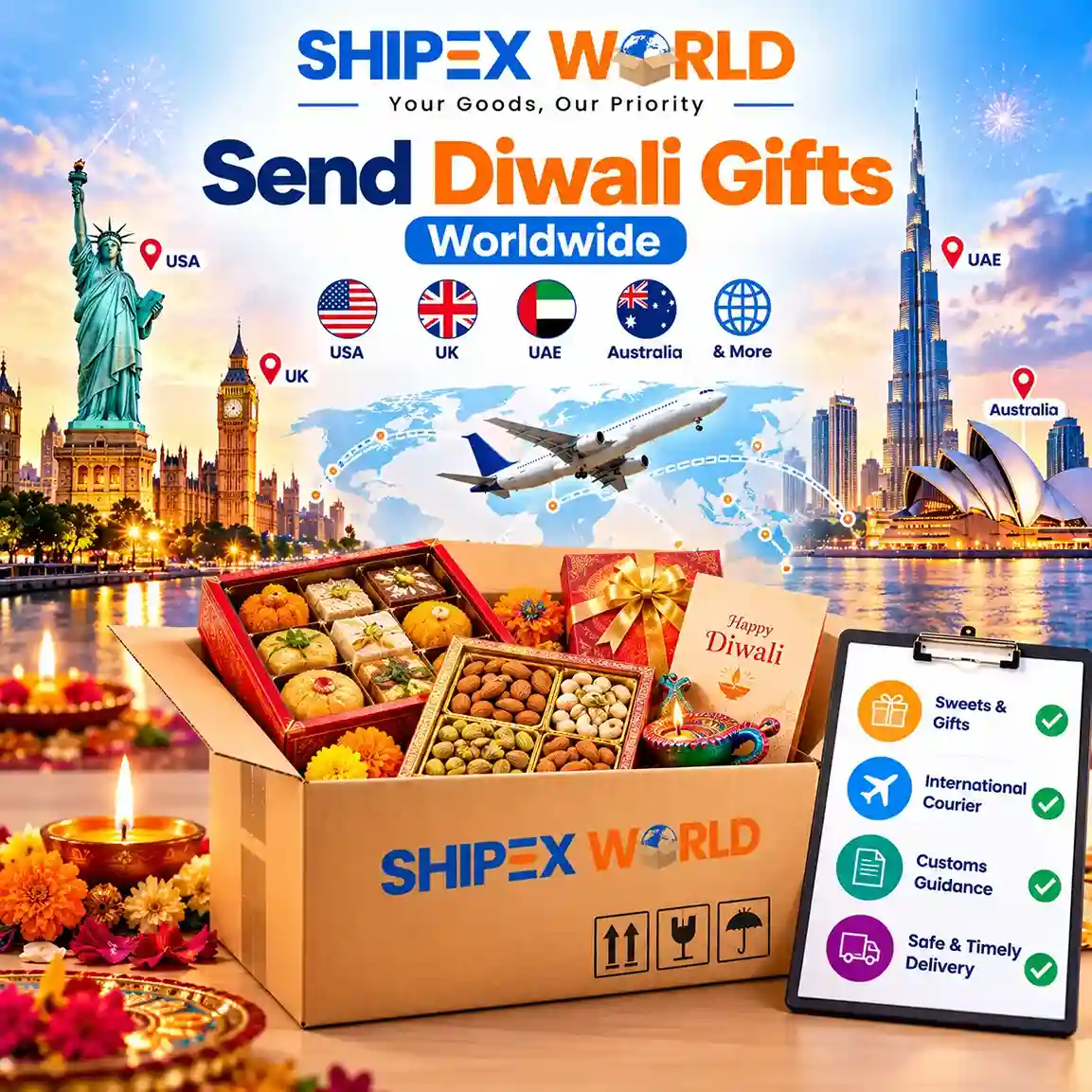 International Courier for Diwali 2026: Send Sweets & Gifts to USA, UK, UAE, Australia & More